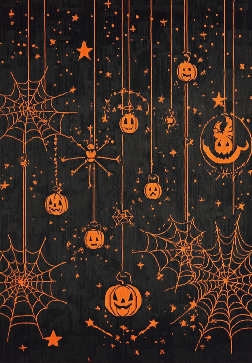 Bild 1 in Galerieansicht laden. The Web Lights - Washable Rug - HLW007 features jack-o-lanterns, spider webs, spiders, stars, and bats on a black background—ideal for allergy-sensitive homes or high-traffic areas.