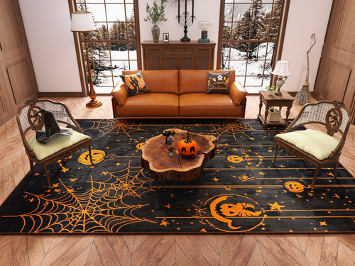 Bild 1 in Galerieansicht laden. A cozy living room with a leather sofa and wood furniture decorated for Halloween. The Web Lights - Washable Rug - HLW007, perfect for high-traffic areas, showcases orange spiderwebs, pumpkins, moons, and stars. Festive accents complete the look. Snowy trees outside.