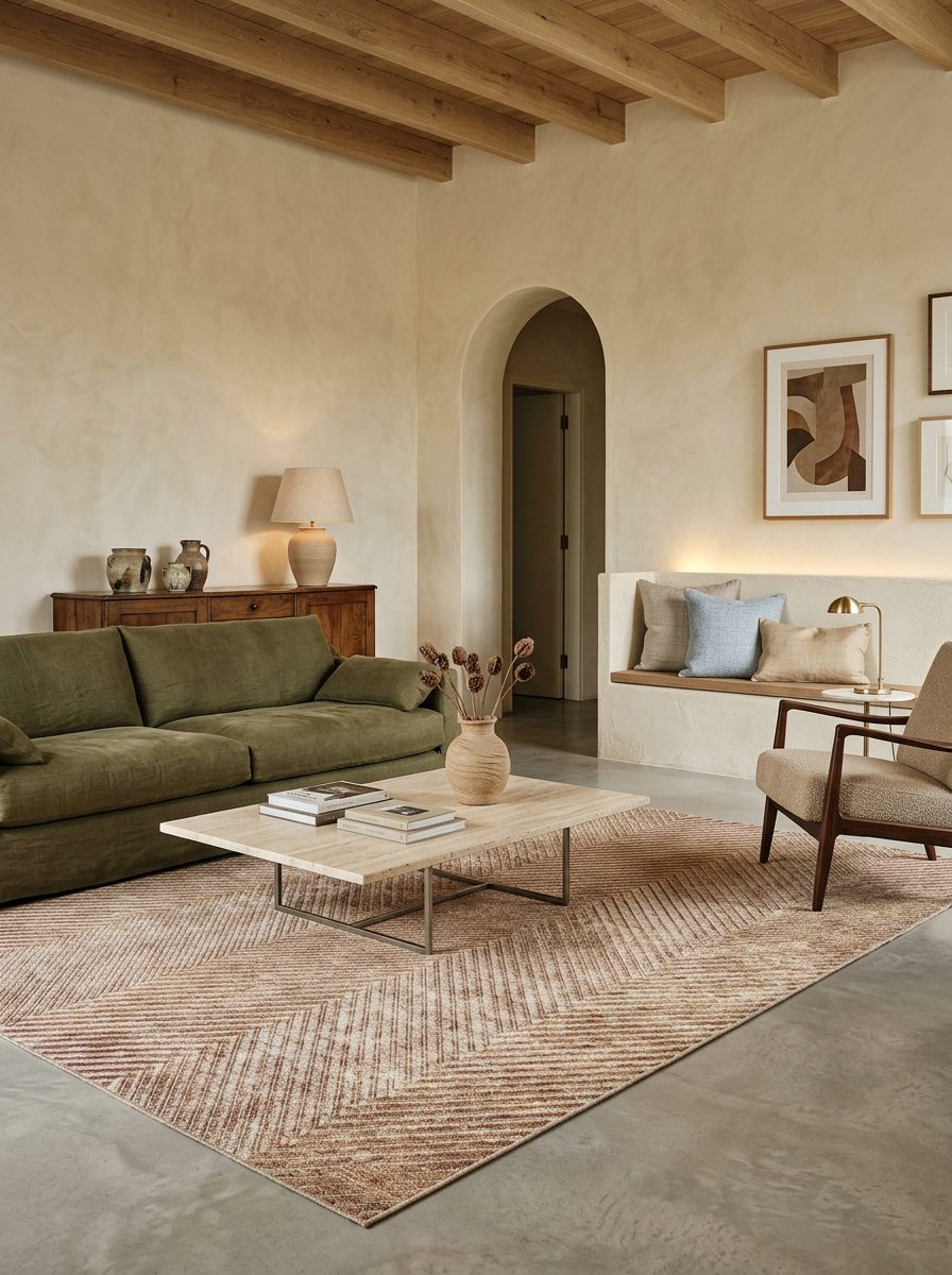 Tan and brown rug with a chevron pattern, styled in a modern living room with an olive green sofa.