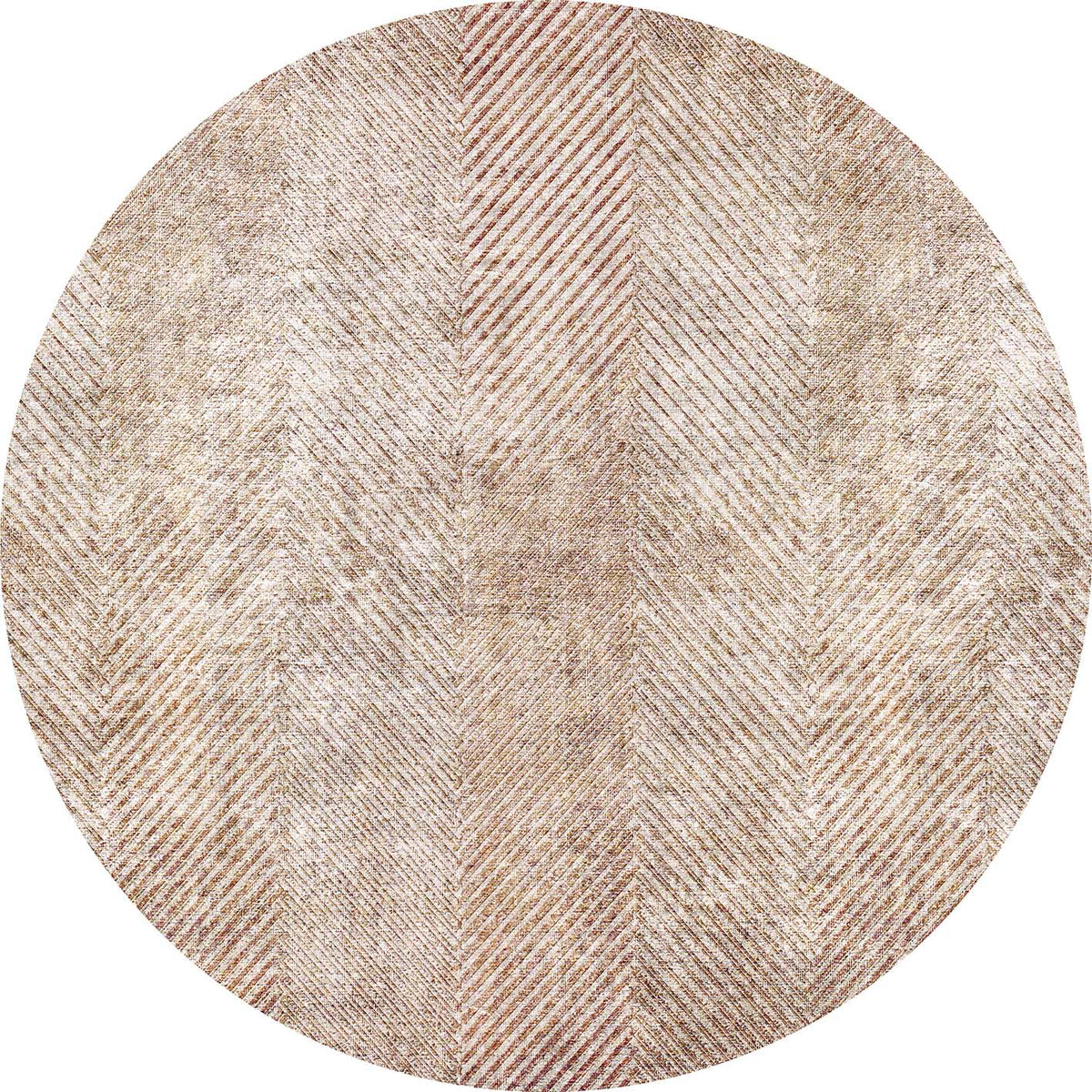 Round beige and tan rug with a distressed herringbone pattern.