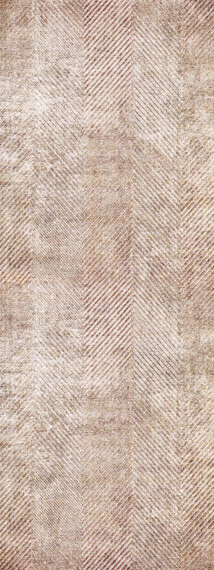 Tan and brown rug with a distressed, vertical herringbone pattern.