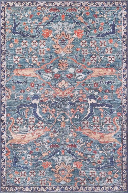 Load image 1 in gallery view. The Whisper Authentic Blue Washable Rug - LCC3034 features a symmetrical floral and vine pattern in blue, coral, ivory, and gold. Its durable, washable design makes it perfect for high-traffic areas while elevating any space with elegance.