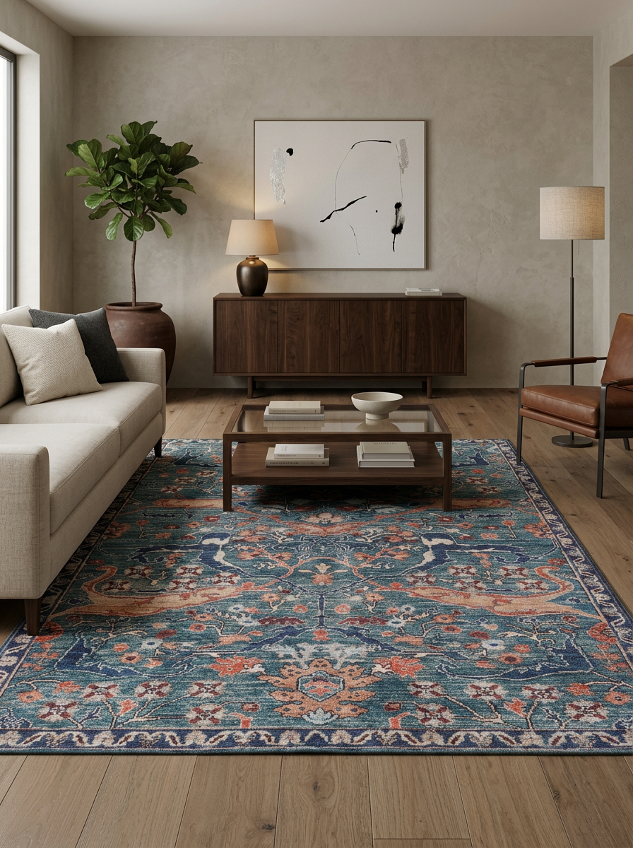 Teal and rust-colored traditional floral medallion rug in a modern living room.