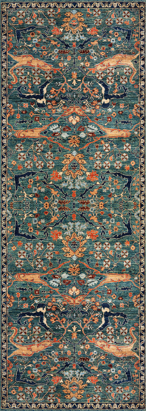 Load image 1 in gallery view. The Whisper Authentic Blue Washable Rug - LCC3034 is a rectangular, ornate blue rug with a symmetrical floral and vine pattern in blue, orange, gold, and beige, featuring a dark blue border—ideal for high-traffic areas.