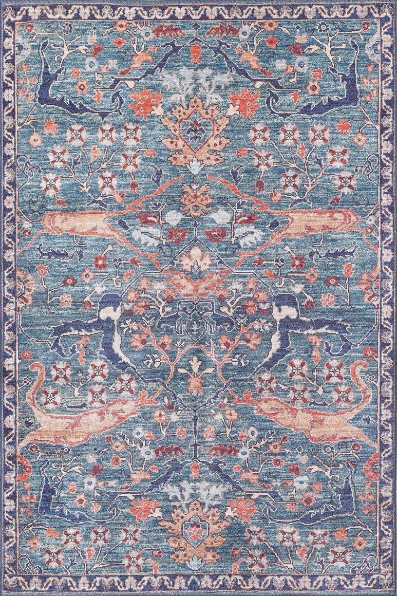 The Whisper Authentic Blue Washable Rug - LCC3034 (Custom Size) features an intricate blue, orange, pink, and cream floral and vine pattern with stylized motifs on a blue background—durable, washable, and ideal for high-traffic areas.