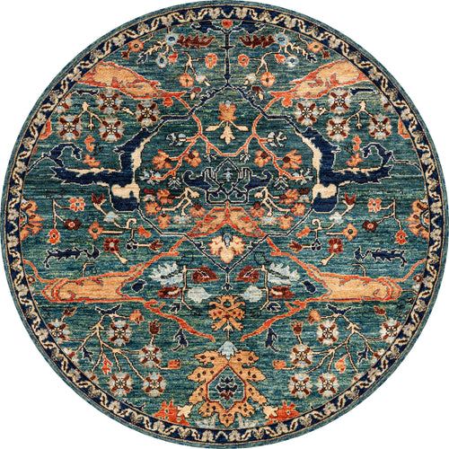 Load image 1 in gallery view. The Whisper Authentic Blue Washable Rug - LCC3034 (Custom Size) features intricate floral and vine patterns in teal, navy, orange, ivory, and rust with symmetrical birds on a rich blue background—ideal for high-traffic areas.