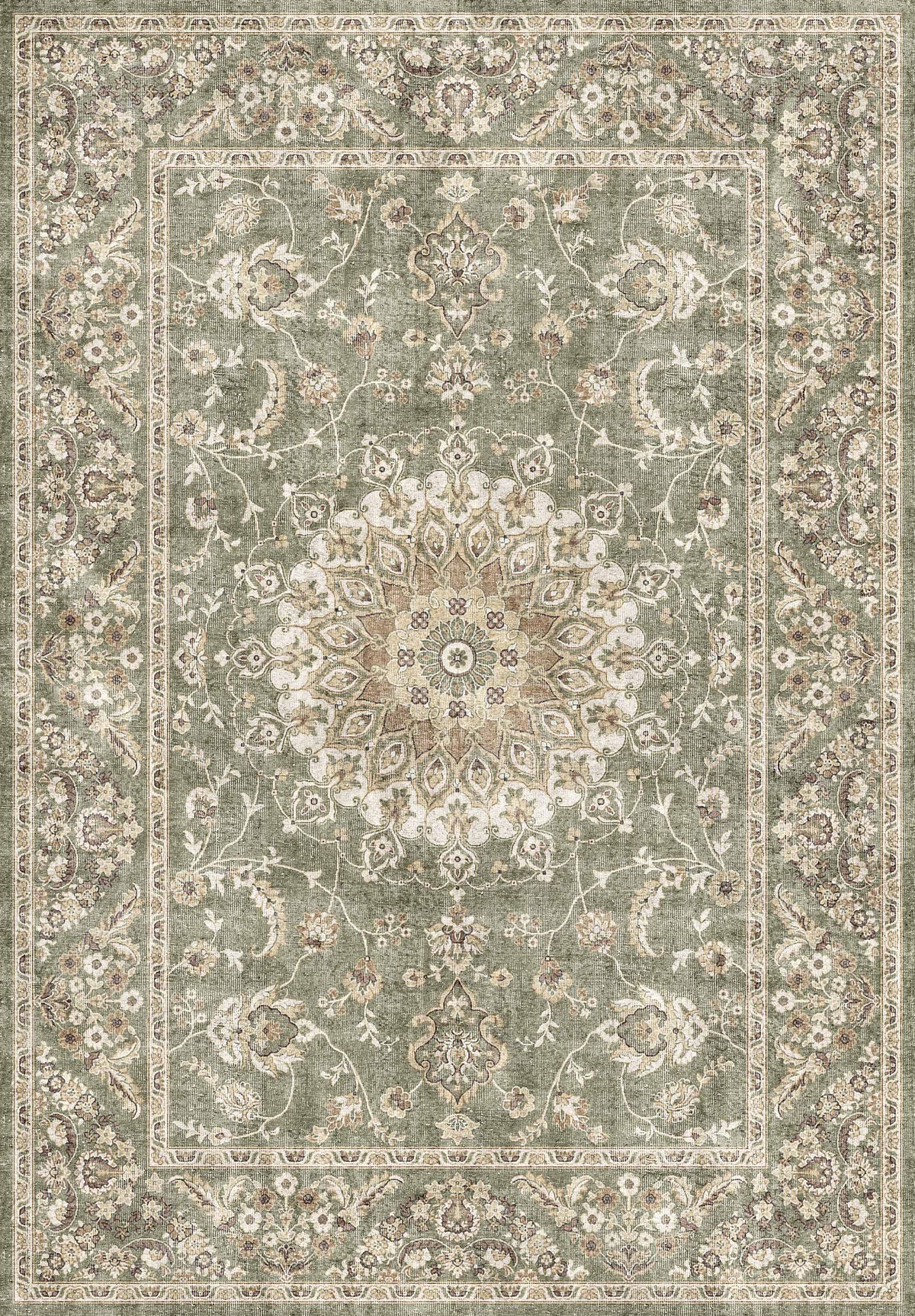The Whispered Heritage - Washable Rug - JRN30 features an ornate Persian-inspired design with a light green background, central medallion, and floral motifs in beige, cream, and brown. Its flat weave offers elegant style and durability for any space.