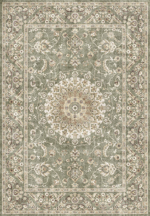 Load image 1 in gallery view. The Whispered Heritage - Washable Rug - JRN30 features an ornate Persian-inspired design with a light green background, central medallion, and floral motifs in beige, cream, and brown. Its flat weave offers elegant style and durability for any space.