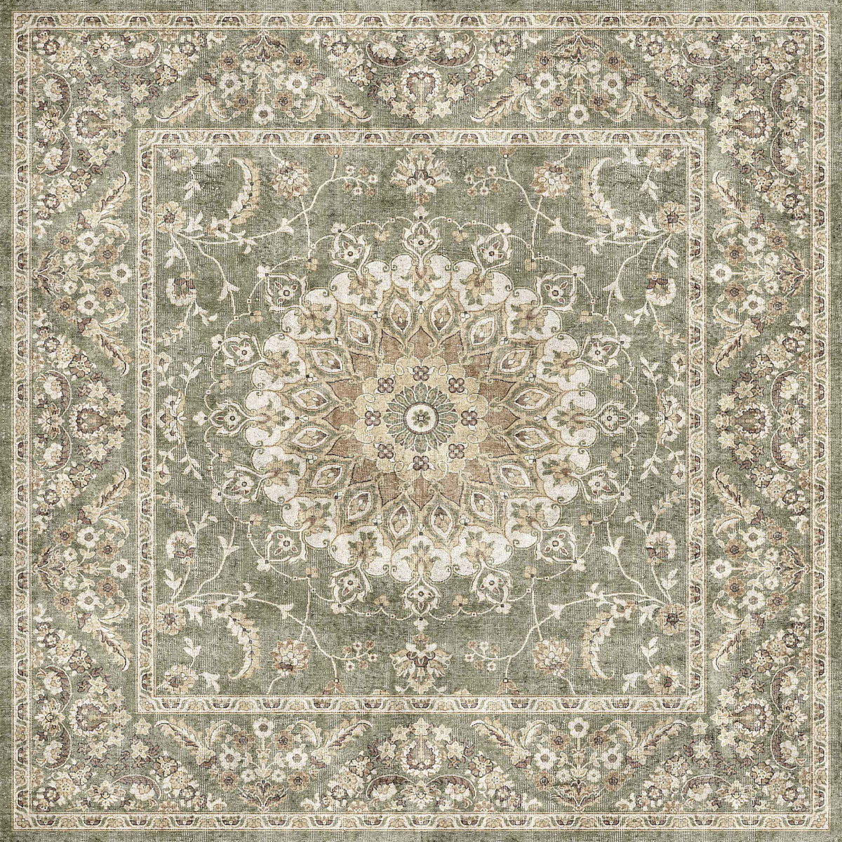 The Whispered Heritage - Washable Rug - JRN30 features a square Persian design with an ornate central medallion, floral patterns, and detailed borders in green, beige, cream, and brown for a timeless flat weave look.