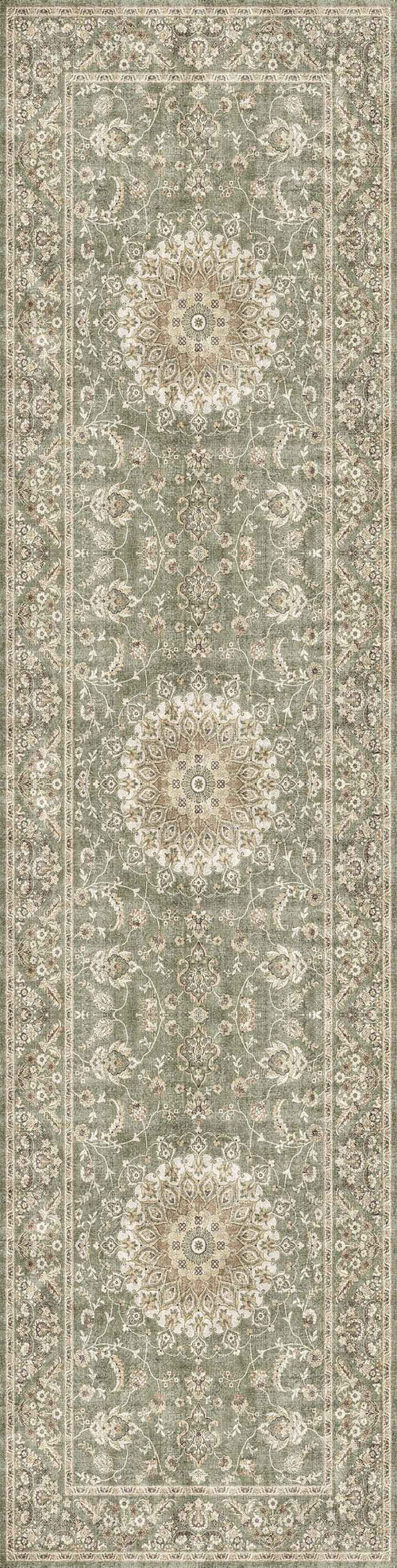 Load image 1 in gallery view. The Whispered Heritage - Washable Rug - JRN30 features a long, rectangular Persian design with a muted green background, ornate cream and beige floral patterns, three central medallions, and intricate decorative borders.