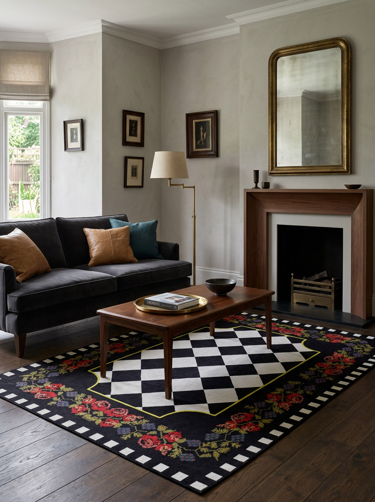 A stylish living room with a dark sofa, mustard cushions, tall lamp, framed art, wooden coffee table on the Wildflower Wonderland - Washable Rug - JR587 (ideal for high-traffic areas), fireplace, and a large mirror above the mantel.