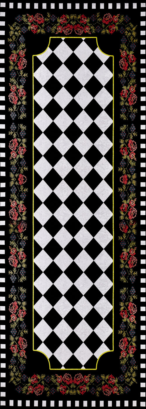 Load image 1 in gallery view. The Wildflower Wonderland - Washable Rug (JR587) features a rectangular flat weave, a black and white diamond checkerboard center, bordered by black with red and pink roses, yellow trim, and a checkered edge.