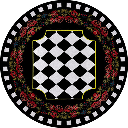 Load image 1 in gallery view. The Wildflower Wonderland - Washable Rug - JR587 features a round flat weave with a black and white checkered center, scalloped yellow border, red roses ring, and a black background accented by a white square border.