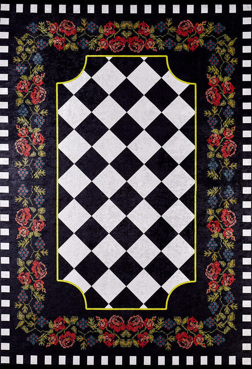 Load image 1 in gallery view. The Wildflower Wonderland - Washable Rug - JR587 (Custom Size) features a black-and-white diamond checkerboard center, yellow border, floral accents in red, yellow, and blue, and a checkered edge—durable for high-traffic areas.