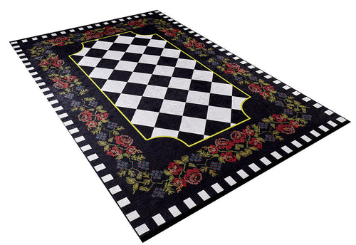 Load image 1 in gallery view. The Wildflower Wonderland - Washable Rug - JR587 (Custom Size) features a central black and white checkerboard, bordered by red roses and green leaves, with an outer checkered edge—a bold, washable choice for high-traffic spaces.