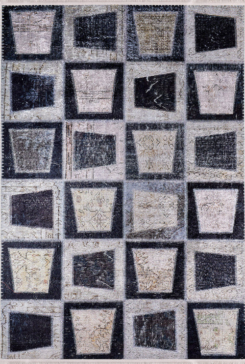 Load image 1 in gallery view. Windowpane Wonder - Washable Rug - JR184 (Custom Size) features a grid of 5x5 trapezoidal shapes in muted black, gray, and beige tones, outlined and stitched for a geometric look—perfect for high-traffic areas.