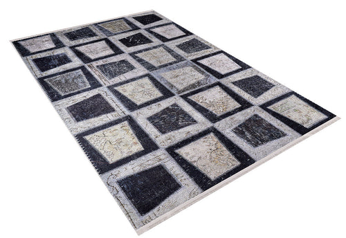 Load image 1 in gallery view. The Windowpane Wonder - Washable Rug - JR184 (Custom Size) features a washable, rectangular design with black, gray, and beige patchwork squares in a grid on white—perfect for high-traffic areas.