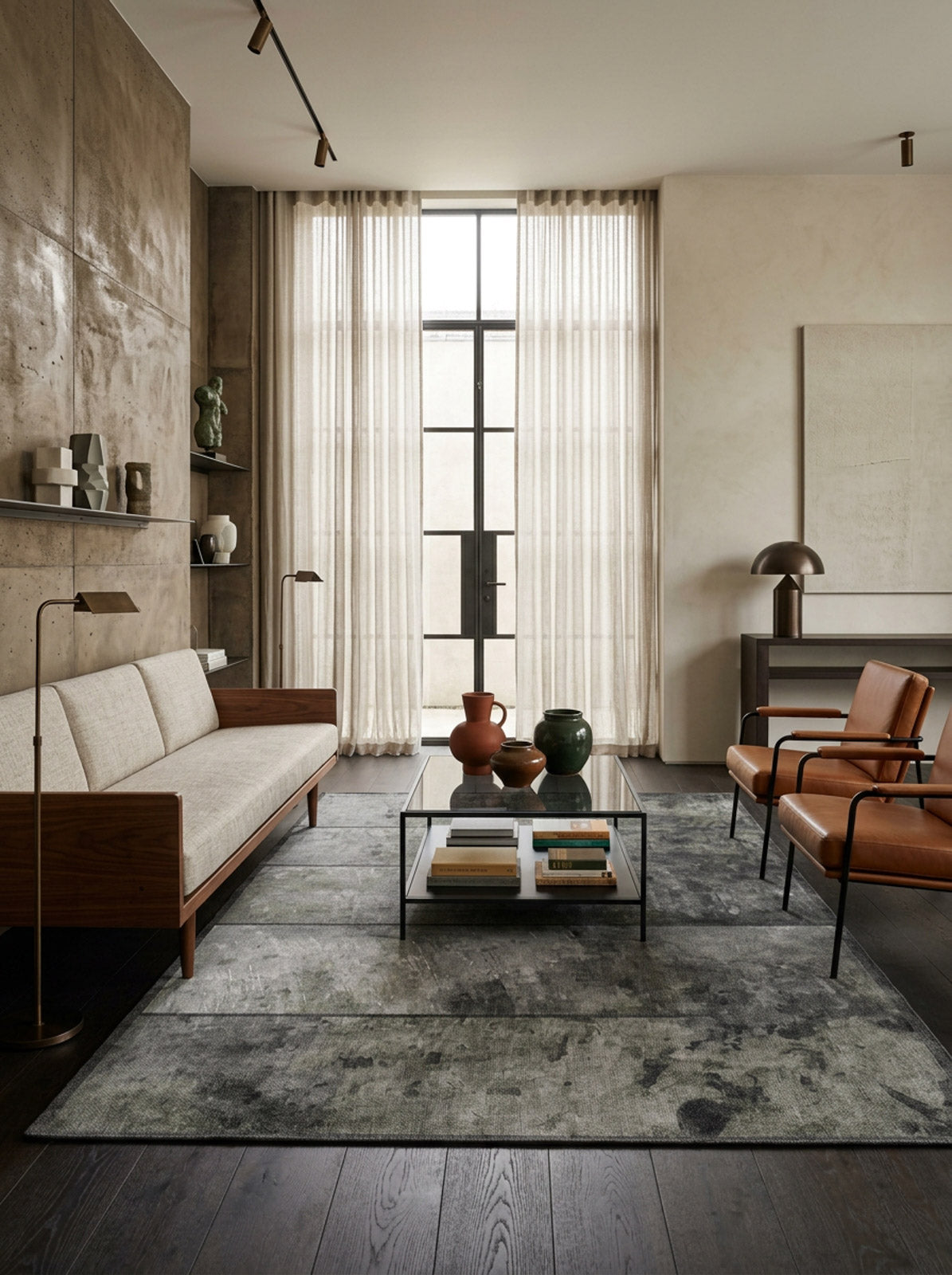 Grey and charcoal abstract distressed rug in a modern living room with leather armchairs and a glass coffee table.