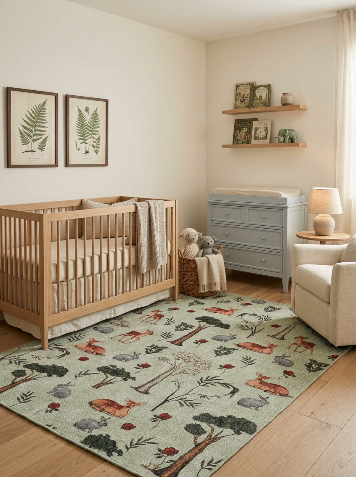 Sage green rug with a woodland animal and tree pattern, styled in a nursery with a wooden crib and light blue dresser.