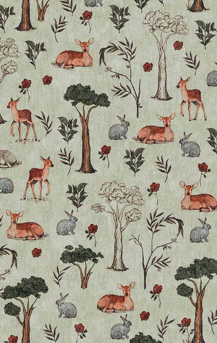 Sage green rug featuring a repeating woodland pattern of deer, rabbits, trees, and small red flowers.
