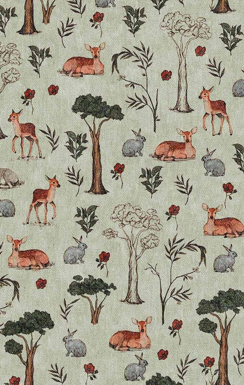 Bild 1 in Galerieansicht laden. Sage green rug featuring a repeating woodland pattern of deer, rabbits, trees, and small red flowers.