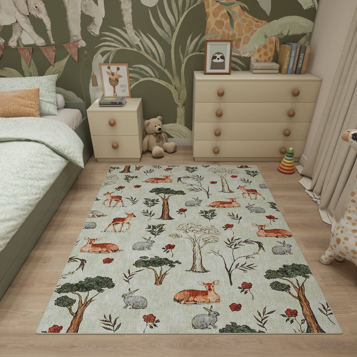 Light green rug with a woodland animal and tree pattern, styled in a children's bedroom.