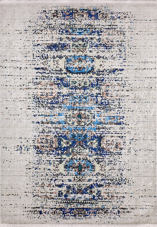 Load image 1 in gallery view. The Worn-Out Abstract - Washable Rug - JR339 (Custom Size) is a rectangular rug with a blue, teal, and brown distressed geometric pattern on beige—ideal for high-traffic areas and adding vintage charm to your space.