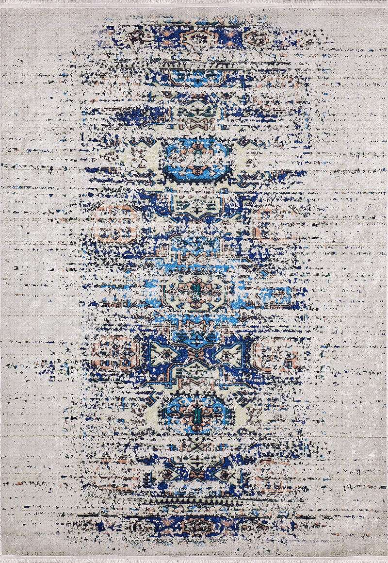 The Worn-Out Abstract - Washable Rug - JR339 (Custom Size) is a rectangular rug with a blue, teal, and brown distressed geometric pattern on beige—ideal for high-traffic areas and adding vintage charm to your space.
