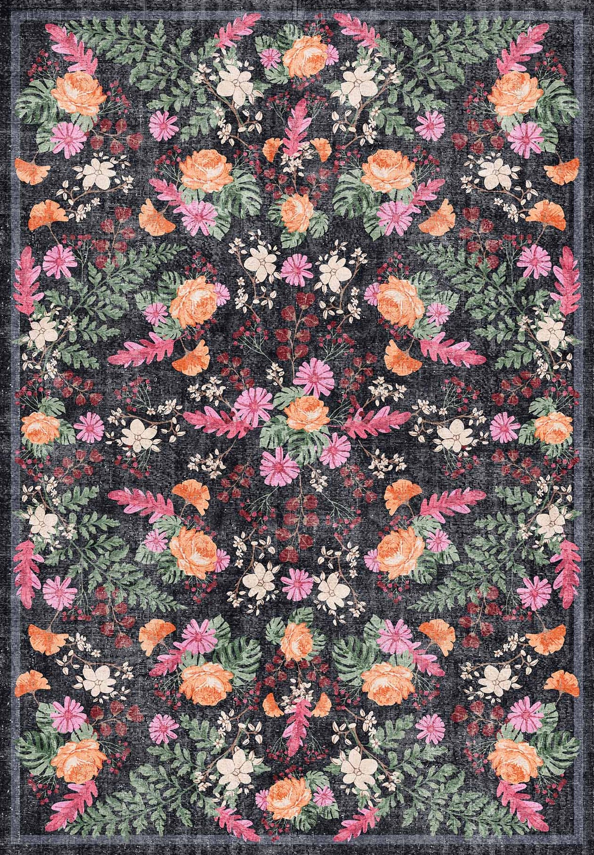 The Woven Grace - Washable Rug - JRN28 is a rectangular flat weave rug with a dark background and a detailed, symmetrical floral pattern in pink, orange, white, and green featuring roses, daisies, and leafy branches.