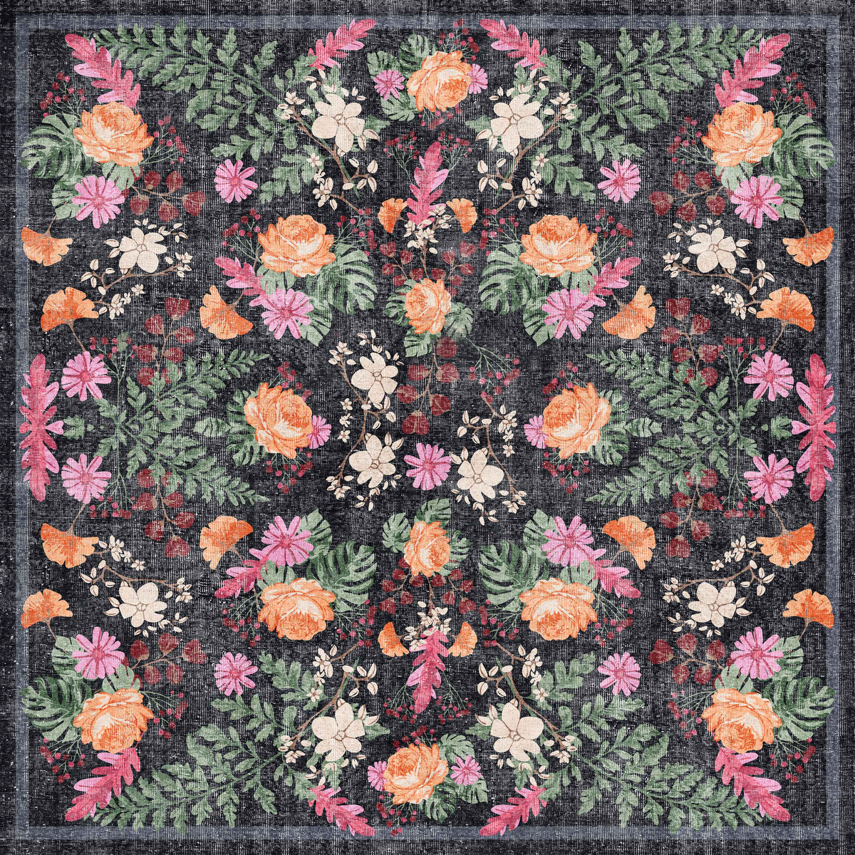 The Woven Grace - Washable Rug - JRN28 features a vintage, tapestry-inspired square design with orange, pink, and white flowers and green leaves on a dark background for an ornate, symmetrical look.