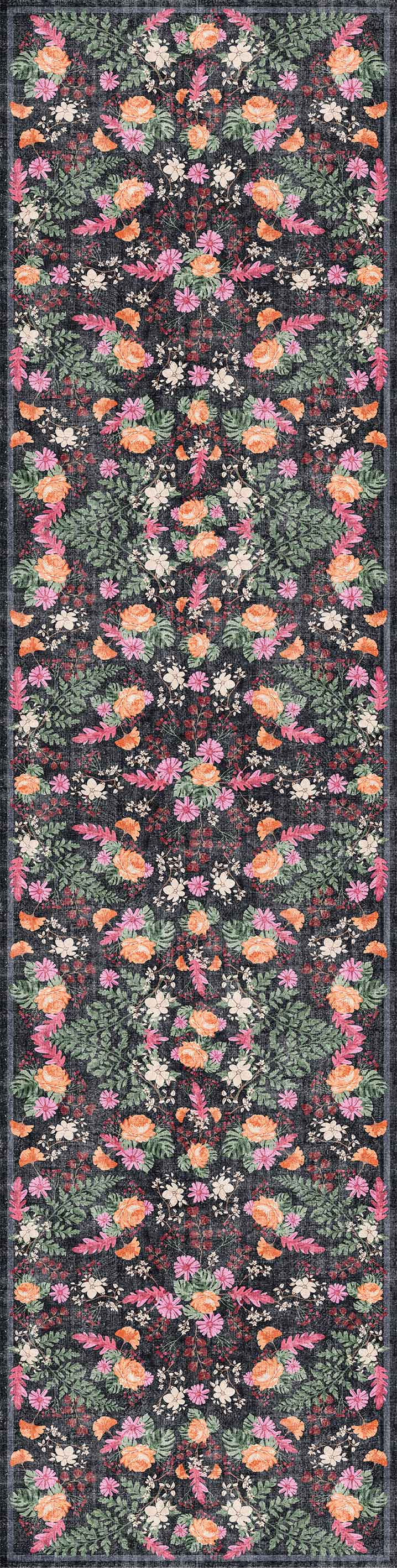 The Woven Grace - Washable Rug - JRN28 features a vibrant, symmetrical floral pattern in pink, orange, yellow, and green on a dark background—combining stylish design with durability in a long, narrow flat weave.
