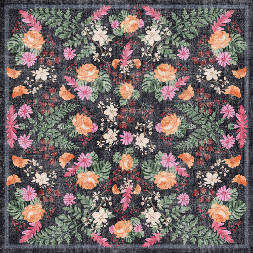 Load image 1 in gallery view. The Woven Grace - Washable Rug - JRN28 (Custom Size) features a symmetrical floral pattern in orange, pink, and white with green leaves on a dark textured background. This durable vintage rug is stylish, allergy-friendly, and easy to clean.