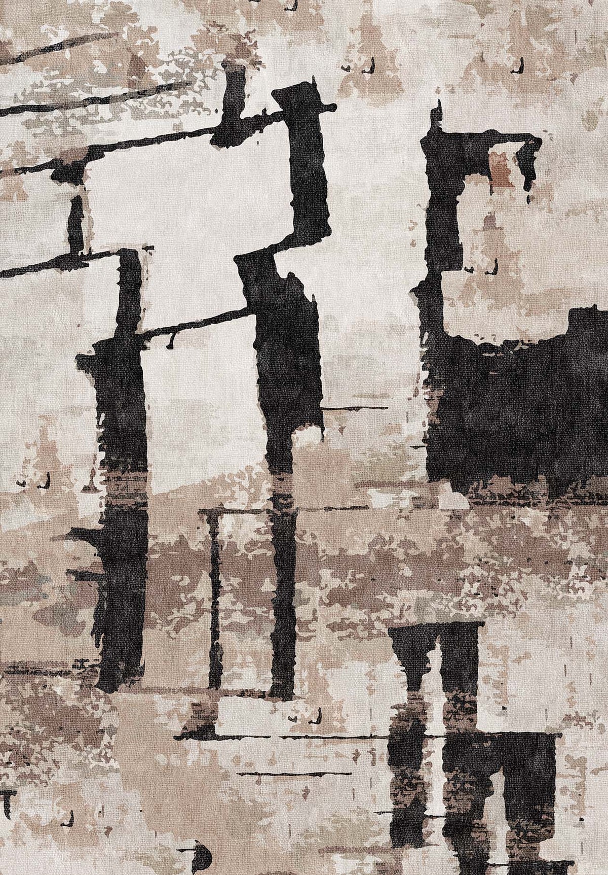 The Woven Memoir - Washable Rug - JRN41 features bold black brushstrokes over a textured beige, brown, and gray background, mimicking a flat weave with organic shapes and weathered vertical lines—ideal for modern decor.