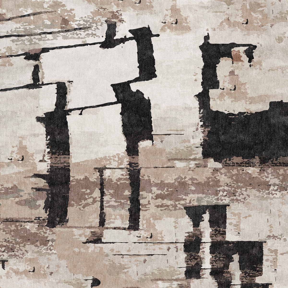 Woven Memoir - Washable Rug - JRN41 features an abstract design with textured, earthy beige, brown, and black tones. Bold black shapes and lines add modern style, evoking movement and depth reminiscent of a flat weave rug.