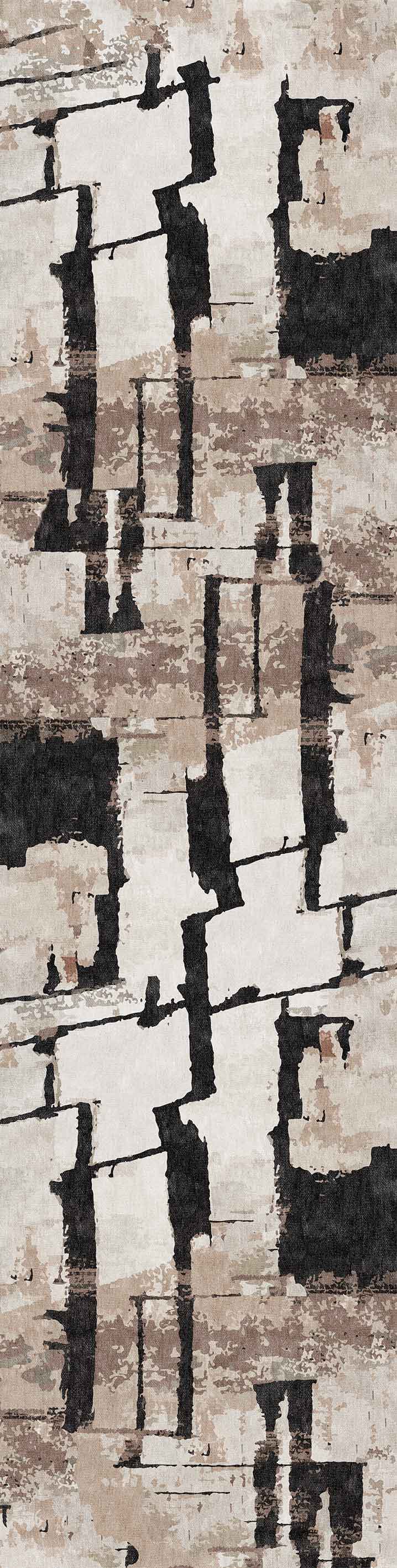 The Woven Memoir - Washable Rug - JRN41 features overlapping rectangular brush strokes in black, brown, beige, and gray for a modern, textured look with vertical orientation—ideal for enhancing any contemporary space.