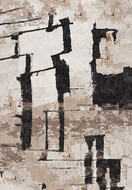 Load image 1 in gallery view. The Woven Memoir - Washable Rug - JRN41 (Custom Size) features abstract patterns with textured brushstrokes in black, white, gray, and brown, creating a layered effect that mimics distressed wood—ideal for modern spaces or busy areas.
