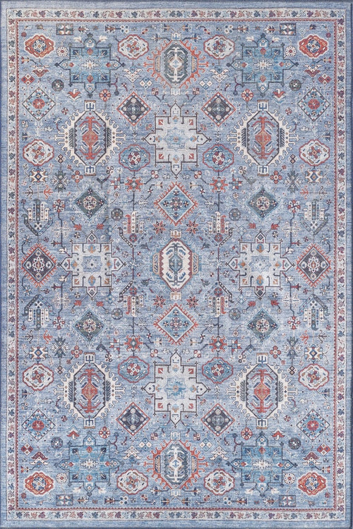 Load image 1 in gallery view. The Xanadu Handmade-Design Blue Washable Rug – LCC3013 features an intricate geometric and floral pattern in blue, white, and rust, with a detailed border—ideal for high-traffic areas.