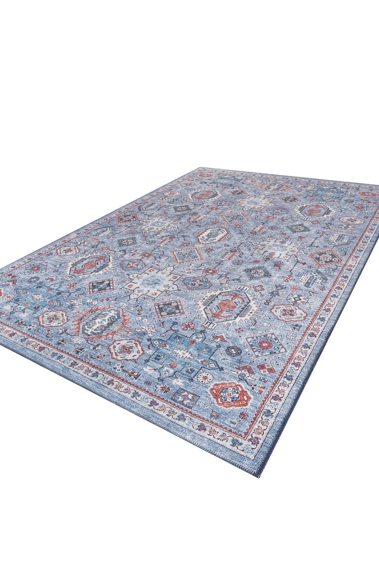 The Xanadu Handmade-Design Blue Washable Rug - LCC3013 (Custom Size) is a flat weave rectangular rug featuring intricate red, white, and dark blue geometric and floral patterns, displayed on a white background.