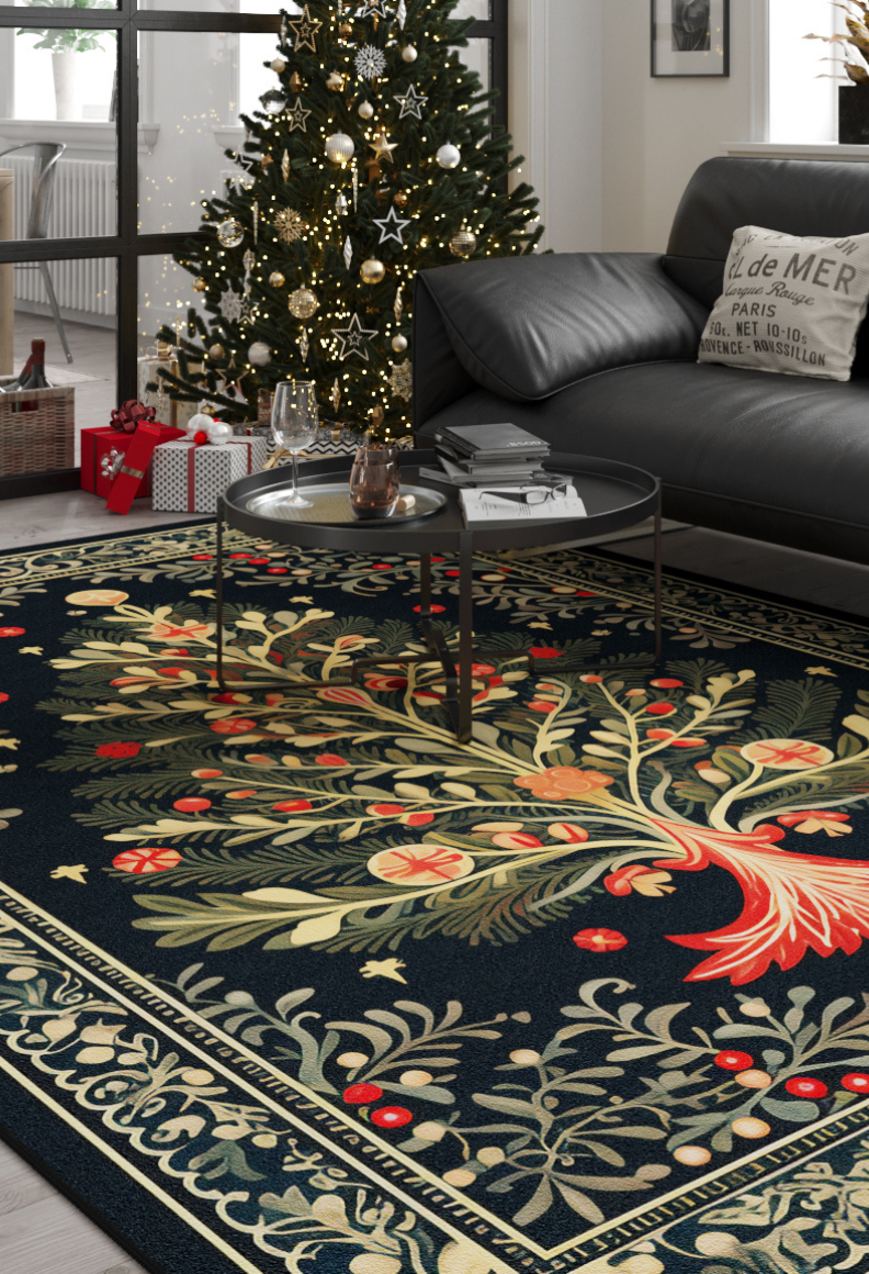 A festive living room with a decorated Christmas tree, black couch, and the Xmas Tree Washable Area Rug - MDJ005 featuring vibrant tree and red fruit designs. Wrapped gifts are placed beside the tree—perfect for high-traffic areas.