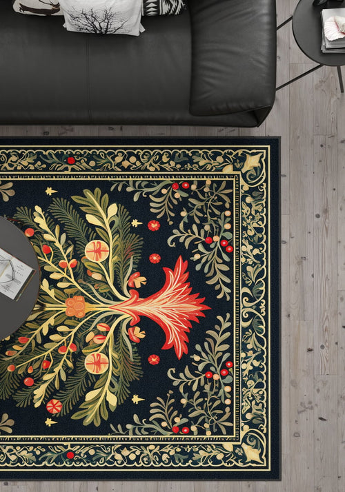 Load image 1 in gallery view. The Xmas Tree Washable Area Rug - MDJ005, featuring gold, green, and red floral patterns, lies on a light wooden floor near a black leather sofa and round coffee table—ideal for high-traffic spaces.