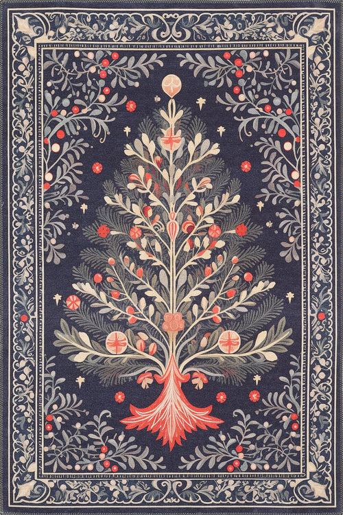 Load image 1 in gallery view. The Xmas Tree Washable Area Rug - MDJ005 (Custom Size) displays a festive Christmas tree with red ornaments, gifts, and leafy branches on a dark blue background with a detailed floral border—ideal for high-traffic areas.