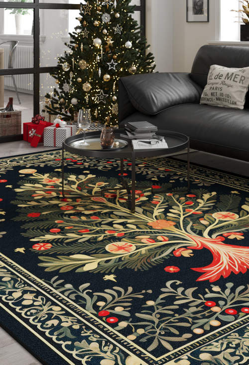 Load image 1 in gallery view. A living room with a decorated Christmas tree, a dark sofa, and the Xmas Tree Washable Area Rug - MDJ005 (Custom Size), featuring a detailed botanical pattern—perfect for high-traffic spaces.