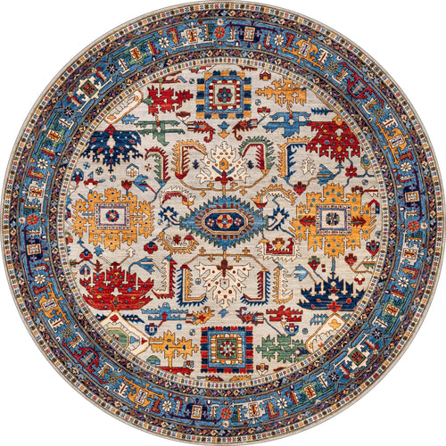 Load image 1 in gallery view. The Yonder Blue Cream Washable Rug (LCC3045) features a round shape with an intricate geometric and floral pattern in red, blue, gold, green, and cream—highlighted by a detailed medallion and decorative border—perfect for high-traffic areas.