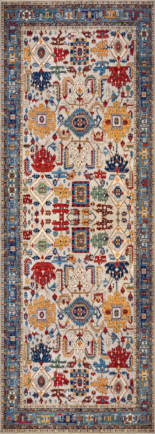 Load image 1 in gallery view. The Yonder Blue Cream Washable Rug - LCC3045 features a vibrant multicolor geometric pattern in red, blue, yellow, and green on a cream background with detailed matching borders—stylish, symmetrical, and perfect for high-traffic areas.