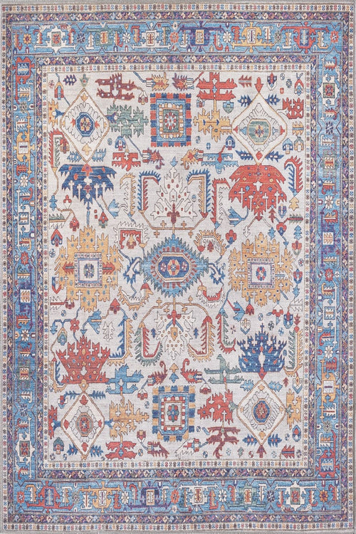 Load image 1 in gallery view. The Yonder Blue Cream Washable Rug - LCC3045 (Custom Size) is a square oriental rug with intricate geometric and floral patterns in blue and cream, a detailed border, and symmetrical design—ideal for adding vibrant style to any space.