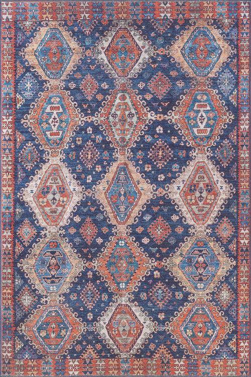 Bild 1 in Galerieansicht laden. The Zephyro Kilim-Design Washable Rug (LCC3008) features a vibrant geometric pattern in blue, red, orange, and cream. Durable for high-traffic areas and safe for allergy-sensitive homes, it combines style with washable convenience.