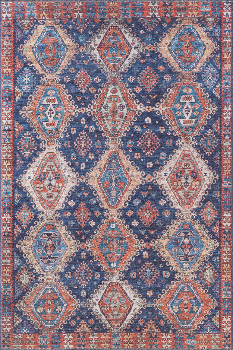 The Zephyro Kilim-Design Washable Rug - LCC3008 (Custom Size) features intricate diamond-shaped medallions in blue, orange, white, and red on a navy background with ornate borders—perfect for high-traffic areas and easy to clean.