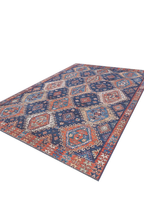 Load image 1 in gallery view. The Zephyro Kilim-Design Washable Rug - LCC3008 (Custom Size) features colorful geometric diamond patterns in blue, red, orange, and cream with detailed borders—ideal for allergy-sensitive or high-traffic areas. Shown angled on a white background.
