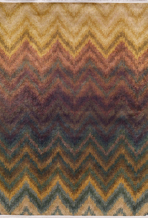 Load image 1 in gallery view. The Zigzag Runway - Washable Rug - JR388 (Custom Size) features a multicolor chevron pattern in earthy gold, brown, burgundy, green, and purple tones—stylish and practical for high-traffic spaces.
