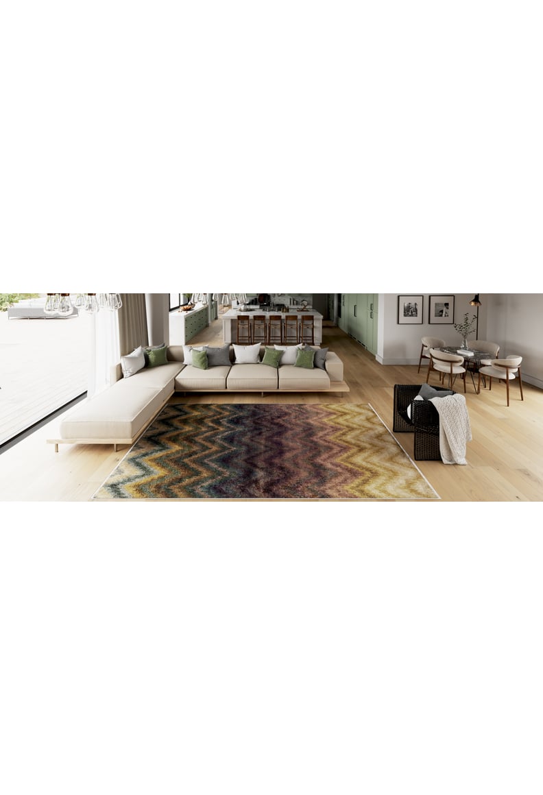 Spacious modern living room with a large sectional sofa, custom-size Zigzag Runway - Washable Rug - JR388 ideal for high-traffic areas, wooden floors, dining area in the background, and floor-to-ceiling windows letting in natural light.